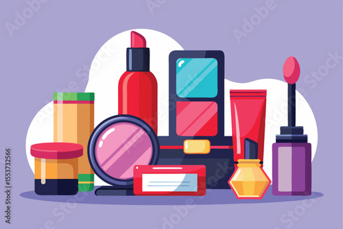 Collection of vibrant cosmetics for females displayed on a colorful background, showcasing a variety of products for beauty and self-expression