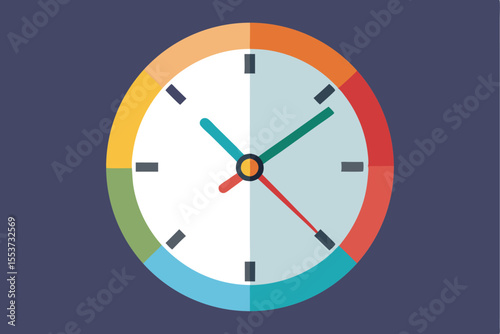 Colorful flat clock design with geometric hands showcasing time in vibrant hues against a deep blue background