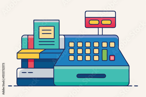 Minimalist cash register with geometric keys and organized receipts in a clean, modern space during daytime
