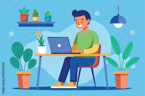 Man working on laptop at a table with plants in a modern indoor setting during the day