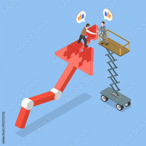 3D Isometric Flat Vector Illustration of Teamwork Working Together, Smart Businessmen Completes Puzzle To Achieve Growth Strategy And Success In Work