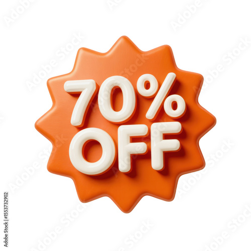 Bright orange starburst with seventy percent off text isolated on transparent background