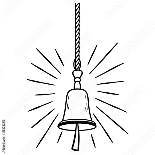 Vintage illustration shows shining bell hanging by thick rope with radiant beams of light