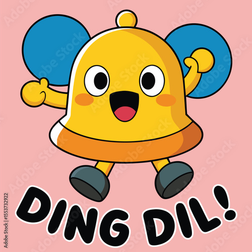 Yellow happy bell rings with joy on a pink background and says ding dil