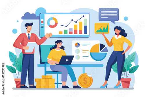 Employees analyze stock market trends and financial charts in a modern office setting while discussing data insights