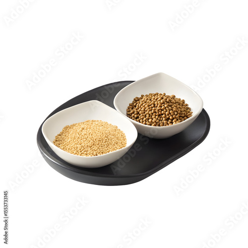 Spice seeds in white bowls isolated on a transparent background