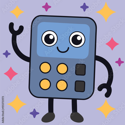 Cheerful blue calculator character waves hello amidst colorful stars on a lavender background
