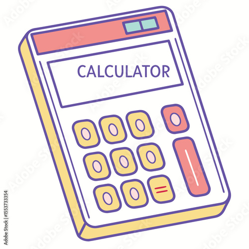 Colorful cartoon calculator displays Calculator text on its screen against a clean white background