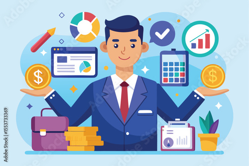 Business professional showcasing financial analysis and growth in a colorful environment with charts, money, and tools to track progress, signifying a prosperous investment strategy