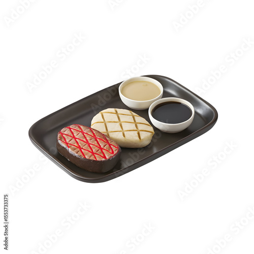 Steak shaped food with dipping sauces isolated on a transparent background