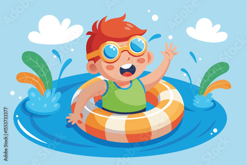 Child enjoying playtime in water with inflatable ring and goggles on a sunny day at a swimming pool