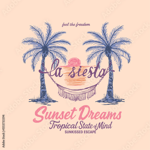 vintage hand drawn illustration of two palm trees with a hammo. Sunset summert shirt design. womens girls t-shirt design. beach vector graphic tee. tropical palm tree art in hand sketch.