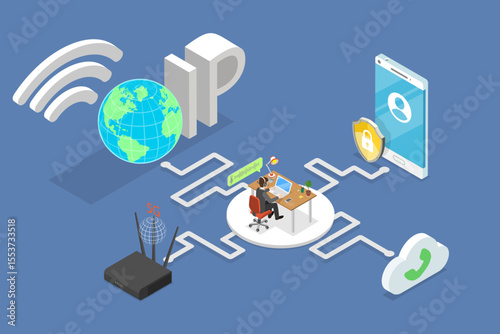 3D Isometric Flat Vector Illustration of IP Telephony, Concept For Communication Technology Design