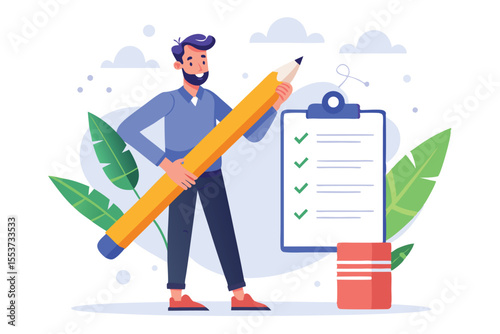 Confident business man holding a huge pencil stands next to a checklist in a bright and cheerful office environment during a sunny day