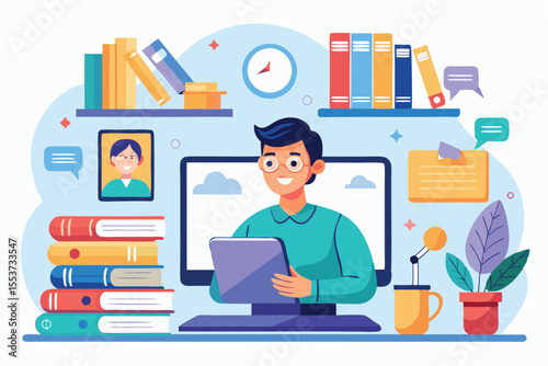 Individual participates in an online lecture using a digital device, surrounded by books and study materials at home during a daytime session