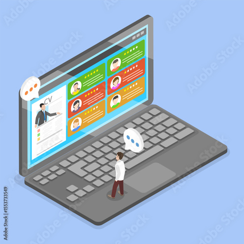 3D Isometric Flat Vector Illustration of Job Search, Recruiting, Hiring, Online Personal Interview