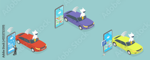 3D Isometric Flat Vector Illustration of Artificial Intelligence Tech, Set Of Vector Illustrations Depicting Abstract Concepts Of Autonomous Vehicle Technology
