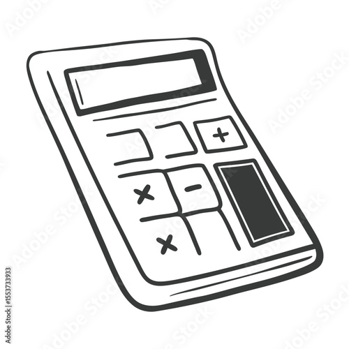 Stylized sketch of a calculator with buttons and screen is featured on a transparent background