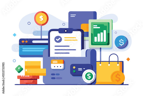 Digital wallet icon showcasing customizable payment receipt with various financial elements and transaction icons for user convenience in a modern online shopping experience