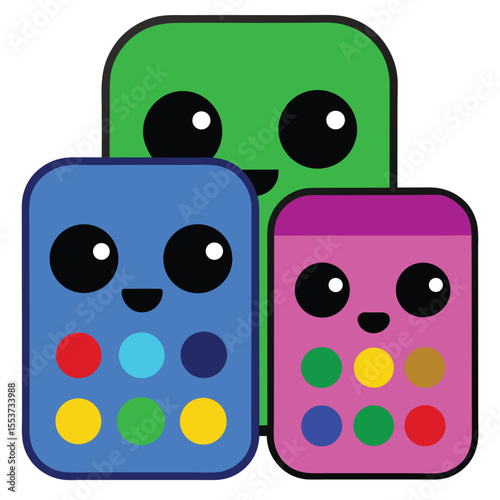 Three colorful, rounded rectangular shapes with faces and dots cheerfully line up together