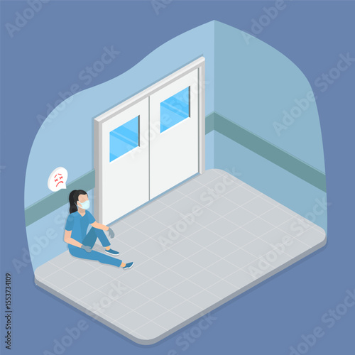 3D Isometric Flat Vector Illustration of Tired Doctor in Stress, Concept Of Doctor Burnout Amidst Hard Conditions of Work