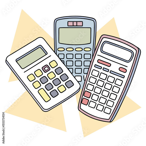 Three retro calculators with colorful keys are arranged against a geometric beige background