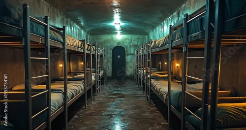 Static shot of a dimly lit room with bunk beds, creating a creepy atmosphere.