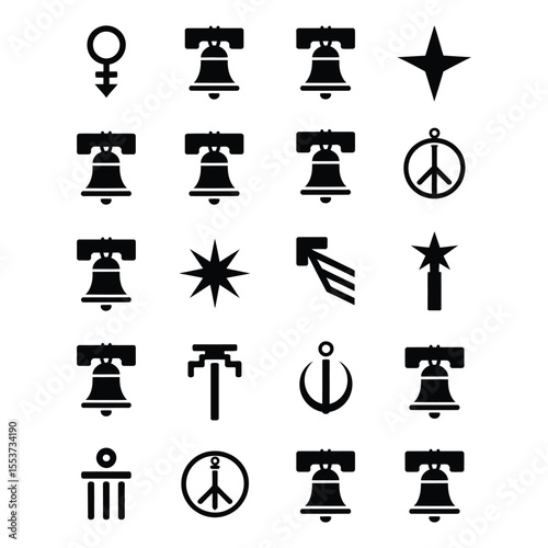 Liberty Bell and Freedom Symbols 20 Icon Set on Isolated Black and White Background