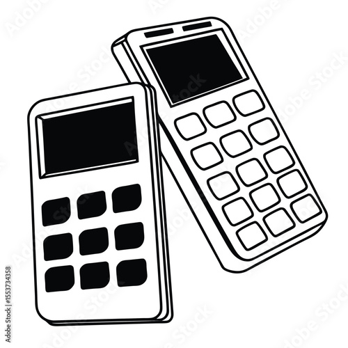 Two vintage mobile phones with black screens show retro technology and communication on white