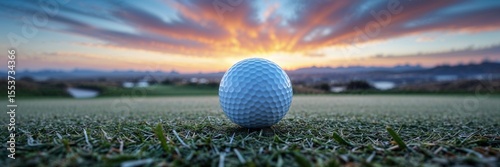 Macro Shot of Golf Ball Nestled in Fresh Green Grass with Blurred Abstract Horizon in Background

