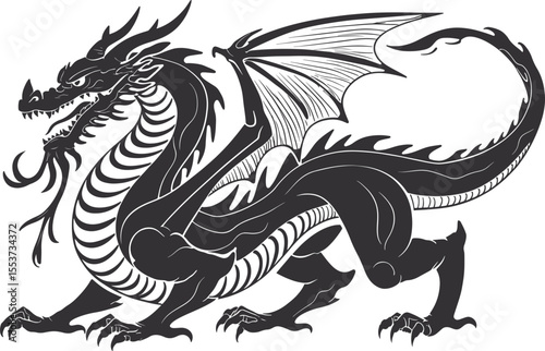 Majestic dragon vector illustrations on black and white backgrounds, perfect for tattoo art, ancient Asian mythology designs, or fantasy decoration