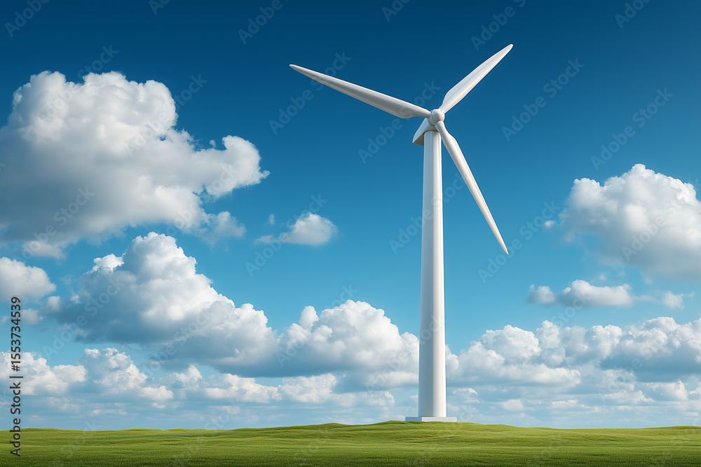 Fototapeta premium Wind Turbine in the Sky: A majestic wind turbine stands tall against a backdrop of a vibrant blue sky dotted with fluffy clouds and a grassy field.