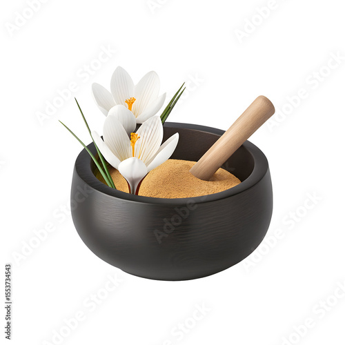 White crocus flowers saffron powder mortar isolated on a transparent background