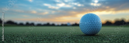 Vibrant Close-Up of Golf Ball Lying in Grass Against a Soft-Focus Abstract Landscape Background

