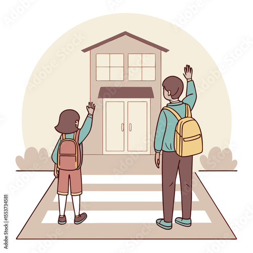 Asian siblings with backpacks wave as they cross the street near a house