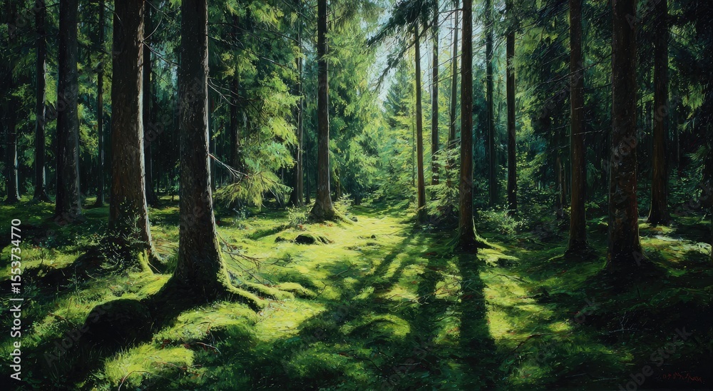 Fototapeta premium Sunlight filters through a dense forest