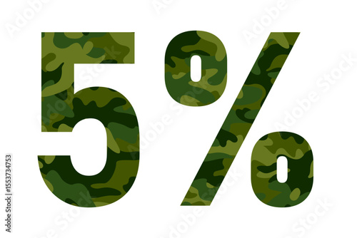 5 percentage in khaki color as 5% military, defense and security budget and expenditure. NATO, North Atlantic Treaty Organization, and increase, growth, rise of spending. Vector illustration.