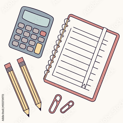 Calculator and lined notebook are placed near pencils with pink paperclips on a light background