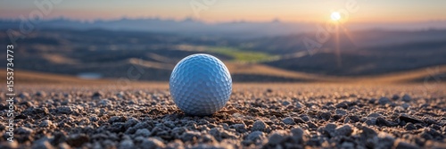 Sporty Scene of Golf Ball Positioned in Grass with Wide-Angle Abstract and Colorful Backdrop

