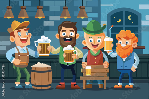 Group of friends enjoying a lively pub crawl night with drinks and laughter in a cozy tavern setting