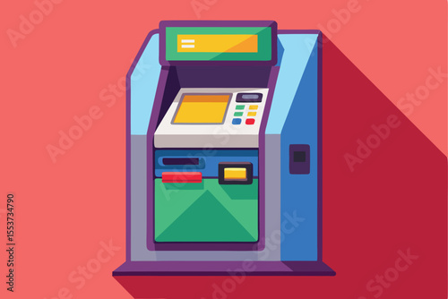 Colorful flat geometric ATM machine with vibrant screen and buttons for banking transactions in a digital style