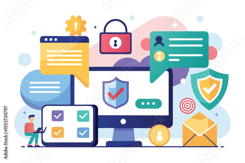 Illustration depicting secure online messaging with encryption processes and visual representations of data protection using shields and notifications