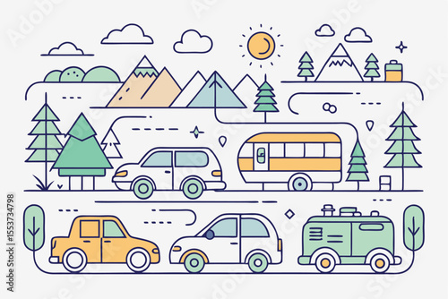 Collection of line icons showcasing cars with trailers among mountains, trees, and scenic landscapes during daytime adventures