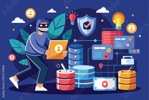 Conceptual illustration of a hacker stealing data from a database while navigating a digital environment with security symbols hiding among tech icons