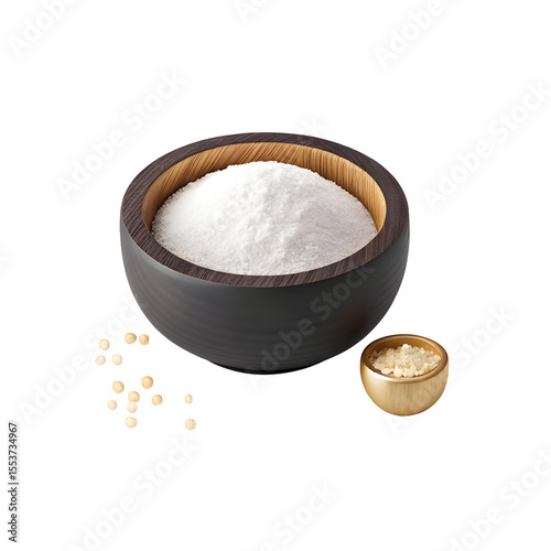 White salt in wooden bowl isolated on a transparent background