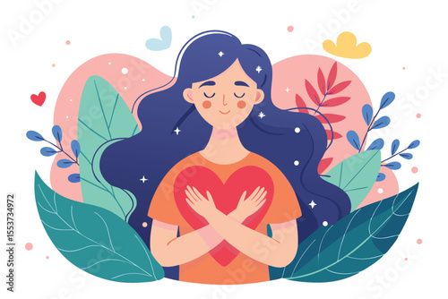 Celebrate self love with a cute girl holding her heart among vibrant plants and lovely colors in a joyful display of self care and inner peace