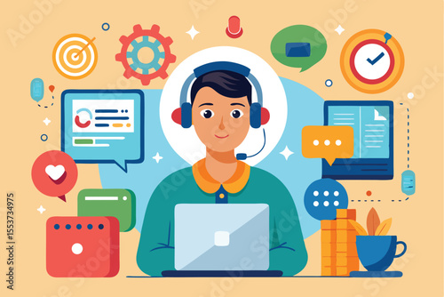 Flat illustration depicting a tech support specialist assisting customers with computer issues while using a laptop and headphones in a vibrant, cheerful setting