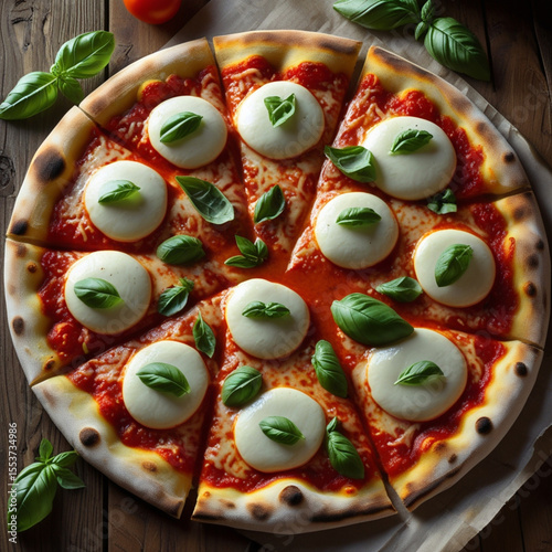 Traditional Italian Margherita pizza with melted cheese and fresh basil on a wooden table surface.