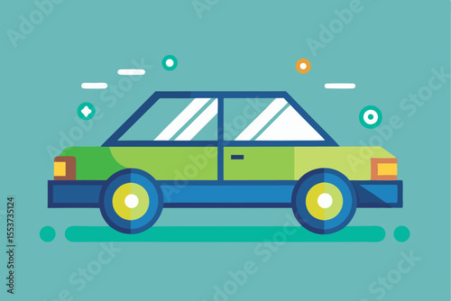 Simple geometric illustration of a flat car design with vibrant colors set against a light background depicting a playful vehicle