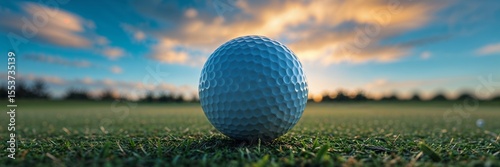 Close-Up of Golf Ball Resting in Grass with Abstract Panoramic Background